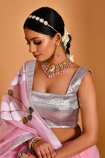 Pink Organza Hand Painted Lehenga Set With Blouse