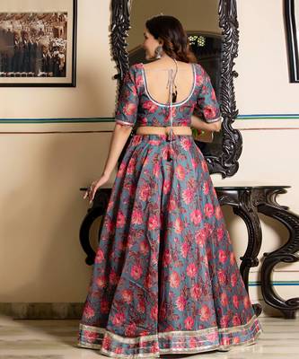Grey Floral Printed Chanderi Lehenga Set With Blouse 4