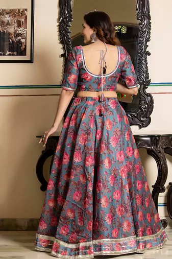 Grey Floral Printed Chanderi Lehenga Set With Blouse