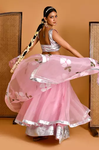 Pink Organza Hand Painted Lehenga Set With Blouse