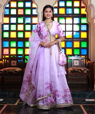 Lavender Floral Printed Chanderi Lehenga Set With Blouse 1