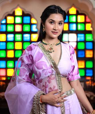 Lavender Floral Printed Chanderi Lehenga Set With Blouse 2