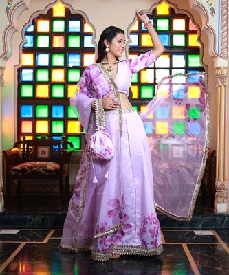 Lavender Floral Printed Chanderi Lehenga Set With Blouse 3