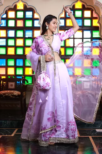 Lavender Floral Printed Chanderi Lehenga Set With Blouse