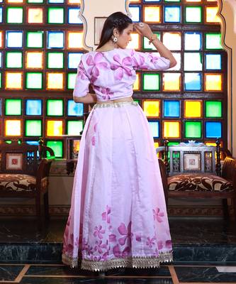 Lavender Floral Printed Chanderi Lehenga Set With Blouse 4