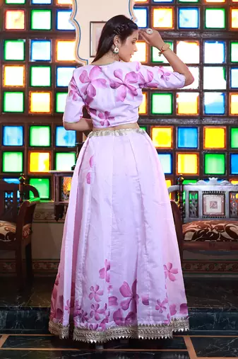 Lavender Floral Printed Chanderi Lehenga Set With Blouse