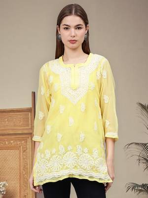 hand embroidered yellow georgette lucknowi chikankari top with slip 1