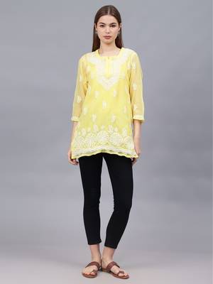 hand embroidered yellow georgette lucknowi chikankari top with slip 2