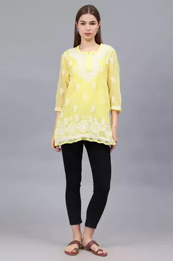 hand embroidered yellow georgette lucknowi chikankari top with slip