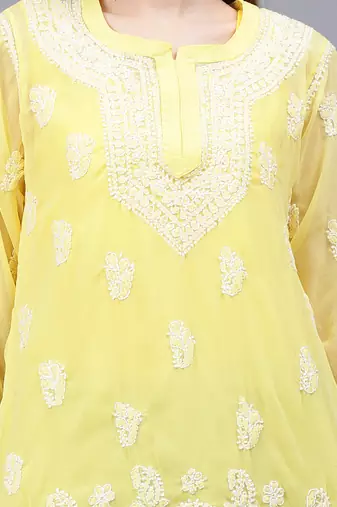 hand embroidered yellow georgette lucknowi chikankari top with slip