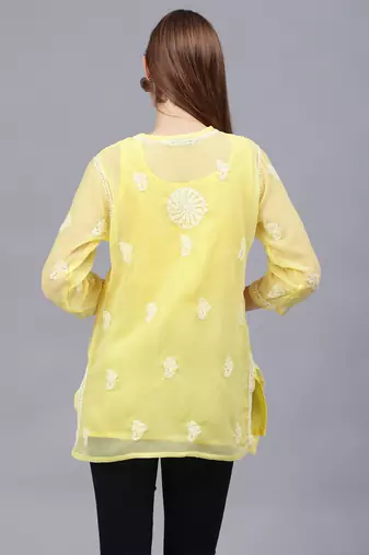 hand embroidered yellow georgette lucknowi chikankari top with slip