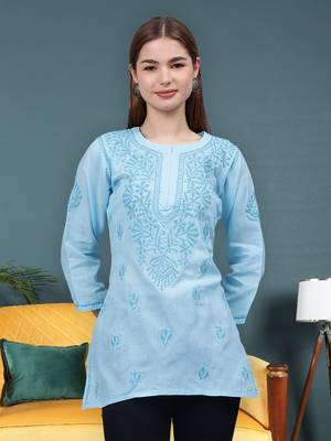hand embroidered blue cotton lucknowi chikankari top 1