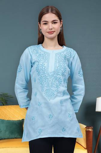 hand embroidered blue cotton lucknowi chikankari top