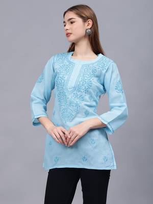 hand embroidered blue cotton lucknowi chikankari top 2