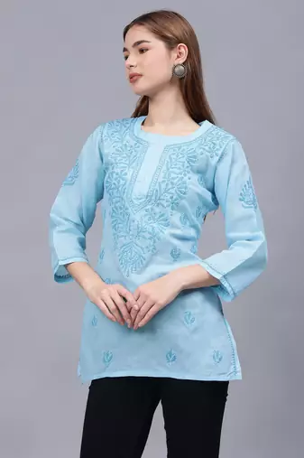 hand embroidered blue cotton lucknowi chikankari top