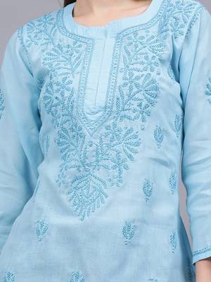 hand embroidered blue cotton lucknowi chikankari top 3