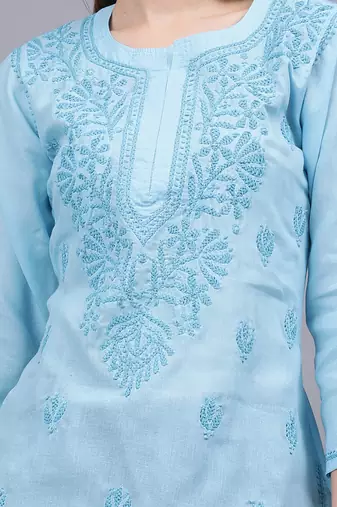 hand embroidered blue cotton lucknowi chikankari top