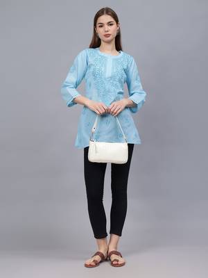 hand embroidered blue cotton lucknowi chikankari top 4