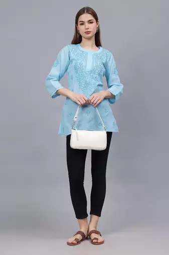 hand embroidered blue cotton lucknowi chikankari top