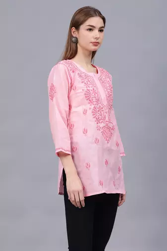 hand embroidered pink cotton lucknowi chikankari top