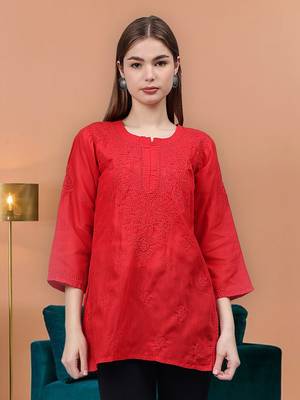 hand embroidered red cotton lucknowi chikankari top 1