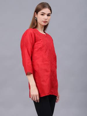 hand embroidered red cotton lucknowi chikankari top 2