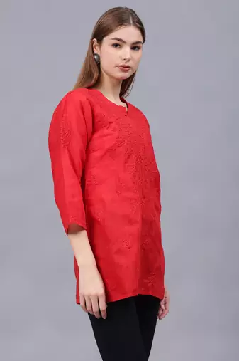 hand embroidered red cotton lucknowi chikankari top
