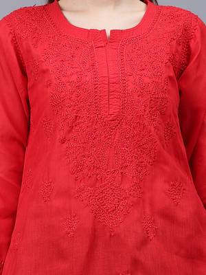 hand embroidered red cotton lucknowi chikankari top 3