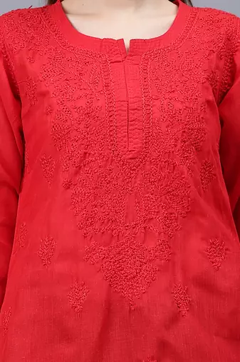 hand embroidered red cotton lucknowi chikankari top