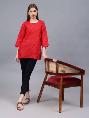 hand embroidered red cotton lucknowi chikankari top 4