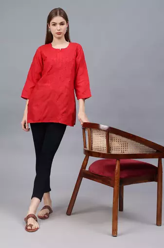 hand embroidered red cotton lucknowi chikankari top