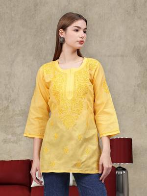hand embroidered yellow cotton lucknowi chikankari top 1