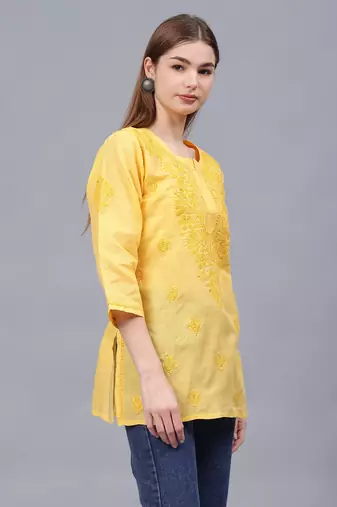 hand embroidered yellow cotton lucknowi chikankari top