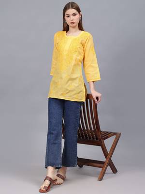 hand embroidered yellow cotton lucknowi chikankari top 4