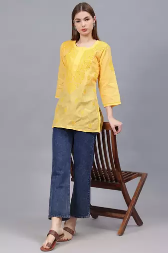 hand embroidered yellow cotton lucknowi chikankari top