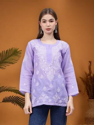 hand embroidered mauve terivoil lucknowi chikankari top 1