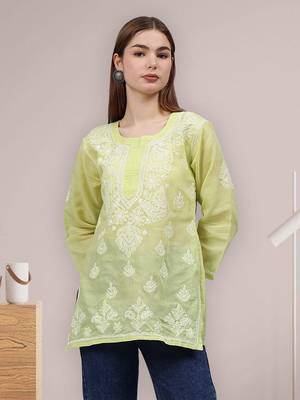 hand embroidered light green terivoil lucknowi chikankari top 1