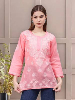 hand embroidered peach terivoil lucknowi chikankari top 1