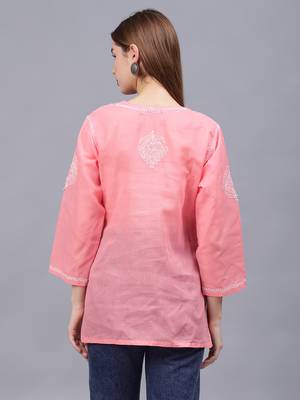 hand embroidered peach terivoil lucknowi chikankari top 2