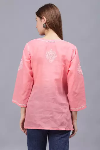 hand embroidered peach terivoil lucknowi chikankari top