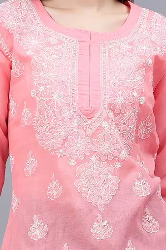 hand embroidered peach terivoil lucknowi chikankari top