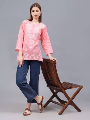 hand embroidered peach terivoil lucknowi chikankari top 4