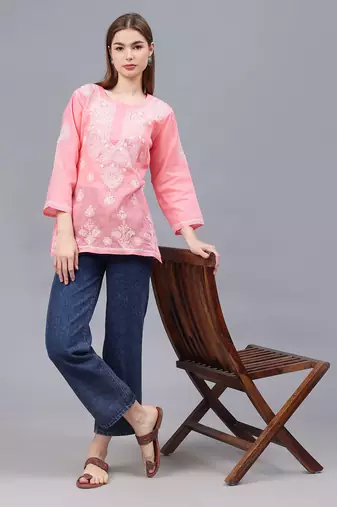 hand embroidered peach terivoil lucknowi chikankari top