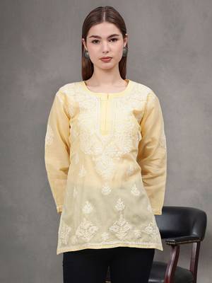 hand embroidered beige terivoil lucknowi chikankari top 1