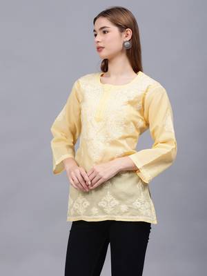 hand embroidered beige terivoil lucknowi chikankari top 2