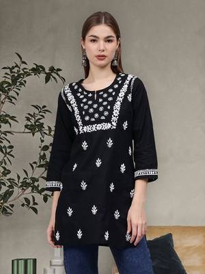 hand embroidered black cotton lucknowi chikankari top 1