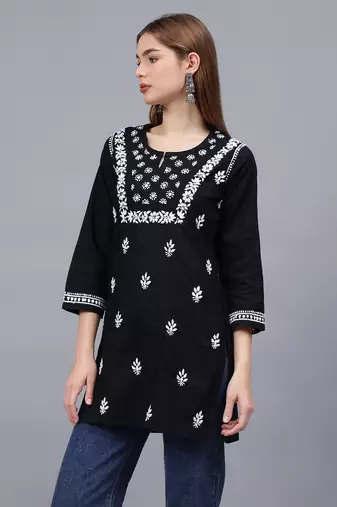 hand embroidered black cotton lucknowi chikankari top