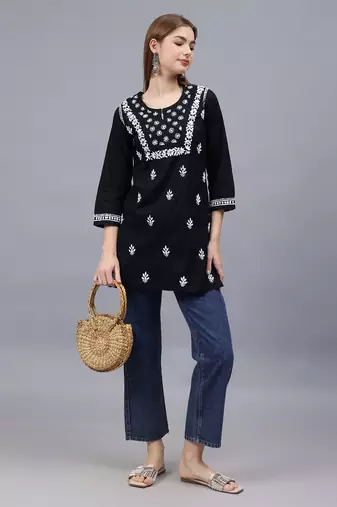 hand embroidered black cotton lucknowi chikankari top