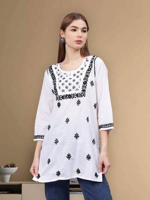 hand embroidered white cotton lucknowi chikankari top 1