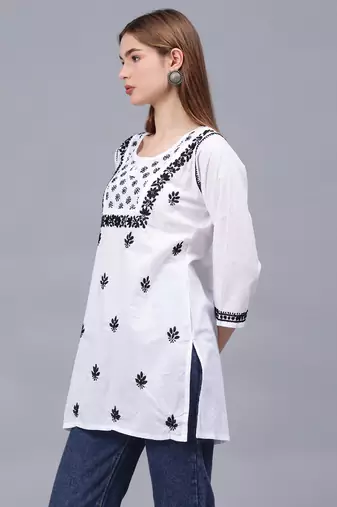 hand embroidered white cotton lucknowi chikankari top
